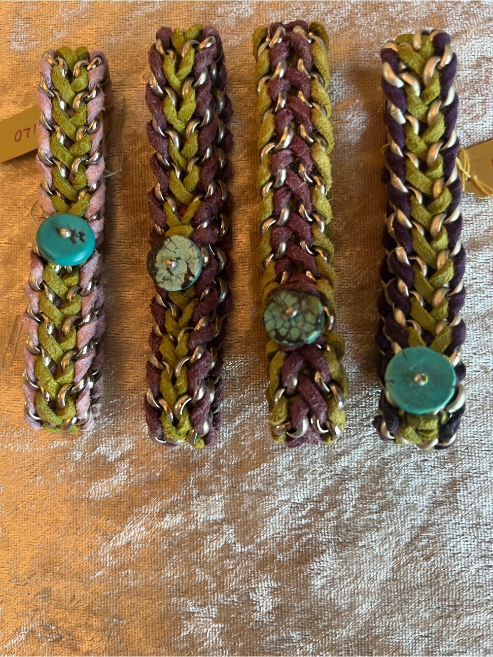 4 Braided Suede Bracelets with Turquoise Button Accent - Olive Green & Plum